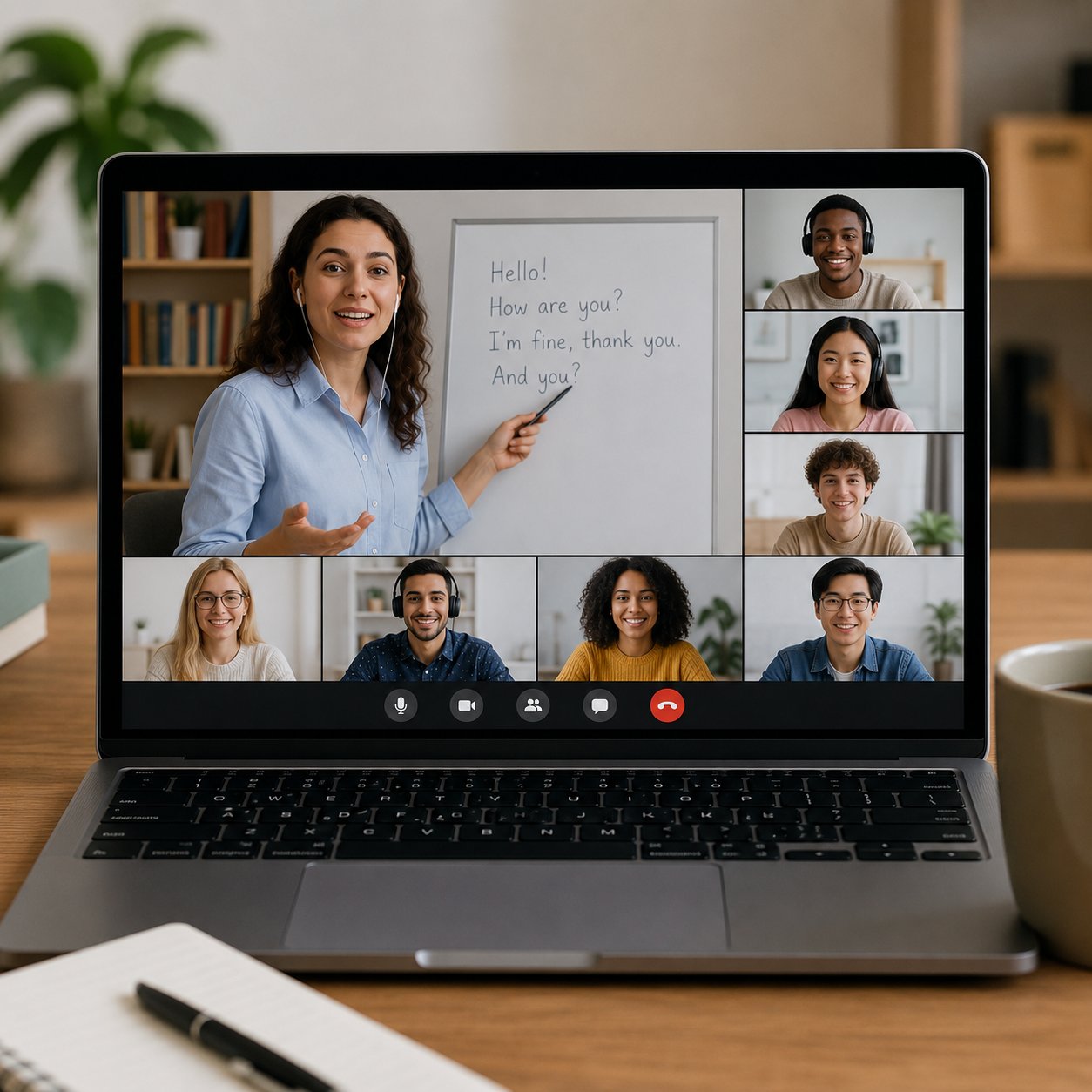 Live language class — students and teacher on video call